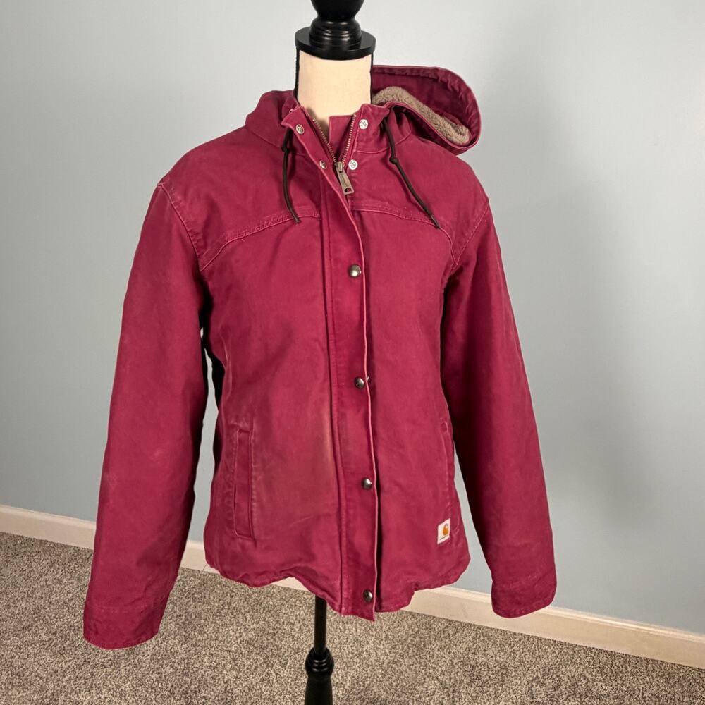 Carhartt Sierra Sherpa Lined Hooded Duck Jacket Raspberry Women's M Chore coat